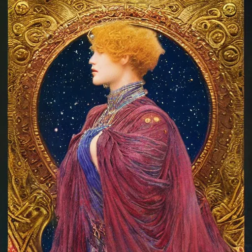 Prompt: the queen of the moon and the stars in full regalia, by Annie Swynnerton and jean delville and Edmund Dulac and Tino Rodriguez, elaborately costumed, rich color, dramatic cinematic lighting, extremely detailed