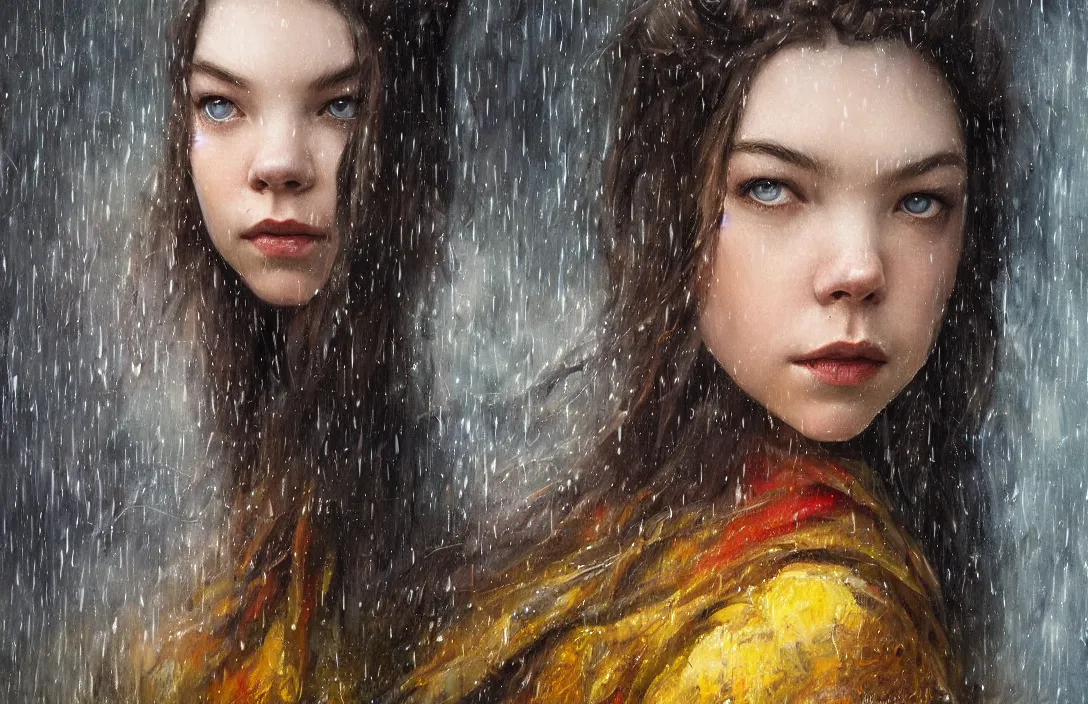 Image similar to a realistic detail portrait of a beautiful queen look like Anya taylor-joy in middle earth, raining, thunder, magic, dragon, oil painting by Julian calle, wlop, greg rutkowski, Finnian MacManus, Trending on artstation, red and yellow scheme, 8k, RE Engine