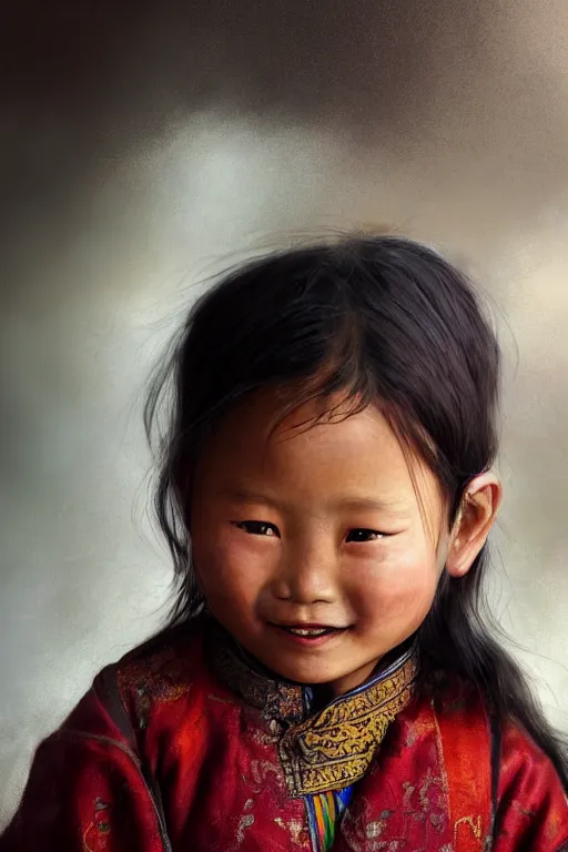 Prompt: Tibetan little girl, joyful, close-up portrait, intricate, elegant, volumetric lighting, scenery, digital painting, highly detailed, artstation, sharp focus, illustration, concept art, ruan jia, steve mccurry