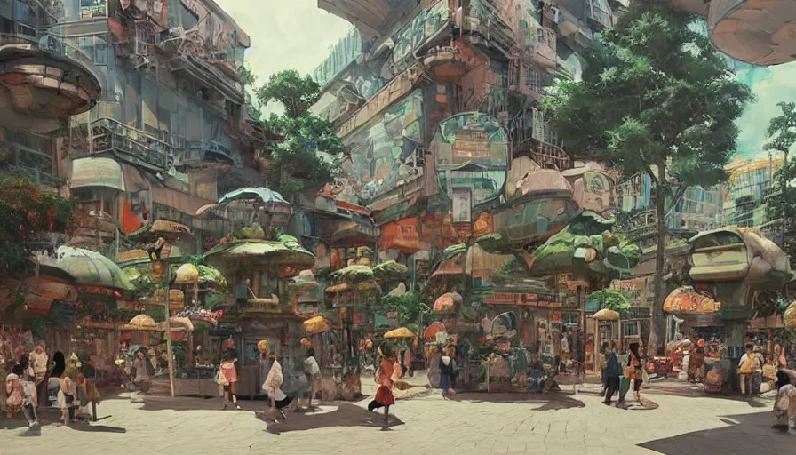 Image similar to “ craig mullins and studio ghibli illustration of 1 9 8 0 s shopping mall, lush landscape, 1 9 8 0 s pop culture landscape, big fountains, unreal engine, hyper realism, realistic shading, cinematic composition, realistic render, octane render, detailed textures, photorealistic, wide shot ”