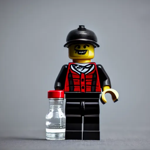 Prompt: !dream macro photo of angry man lego figure in black sportswear, eight-piece cap on head, holding a vodka bottle, ambient lighting