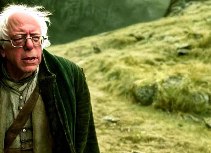 Image similar to film still of bernie sanders as frodo in lord of the rings movie, 8 k