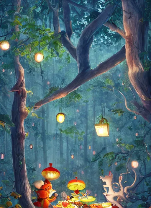 Prompt: a nighttime tea party in a treetop hollow, as seen from the canopy, colorful lanterns in the branches, dense forest, massive trees with warm windows, huge tree trunks, low light, dark blue sky, trending on artstation, highly detailed, in the style of Over the Garden Wall and A. A. Milne