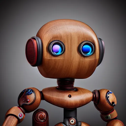 Prompt: ultra realistic 8k octa photo, wooden art toys on base , cute robot gods , hyperdetailed, concept art ,art gallery