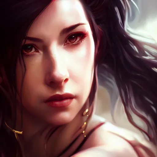 Image similar to Seductive, riveting Tifa Lockhart portrait, atmospheric lighting, painted, intricate, golden hour, ultra detailed by Leesha Hannigan, Ross Tran, Thierry Doizon, Kai Carpenter, Ignacio Fernández Ríos