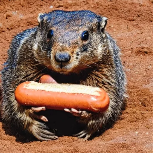 Image similar to a groundhog eating a hot dog