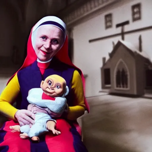 Image similar to a nun in church holding chucky the evil looking killer doll on her lap