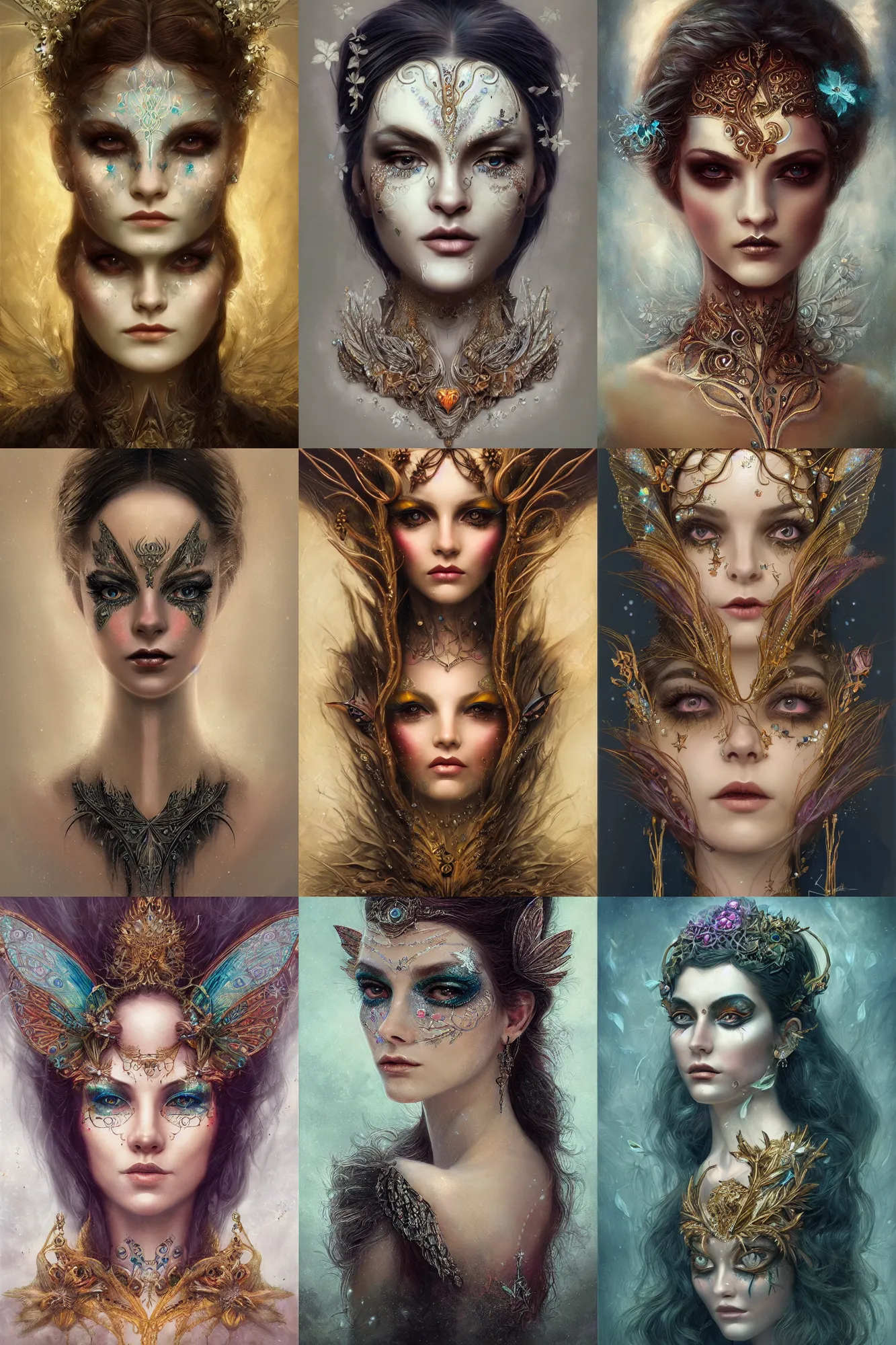 Prompt: portrait of a fairy, symmetric, facepaint, intricate jewelry, trending on artstation 4 k, in the style of karol bak and tom bagshaw