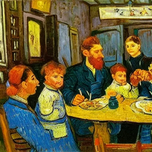 Prompt: a family sitting in a georgian restaurant eating georgian food, in the style of van gogh