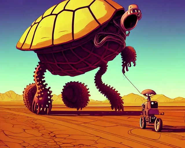 Image similar to a cell shaded cartoon giant lovecraftian mechanized turtle from howl's moving castle ( 2 0 0 4 ), with a big head, on a desert road, full body, illustration, wide shot, golden hour, post grunge, concept art by josan gonzales, wlop, by james jean, victor ngai, hq, deviantart, art by artgem