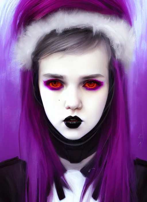 Image similar to portrait of white teenage girl, normal face, black bangs, mall goth, cyberlox, black and white hair, bangs, fluffy bangs, red contacts, purple lipstick, intricate, elegant, highly detailed, digital painting, artstation, concept art, sharp focus, smooth, illustration, art by wlop, mars ravelo and greg rutkowski