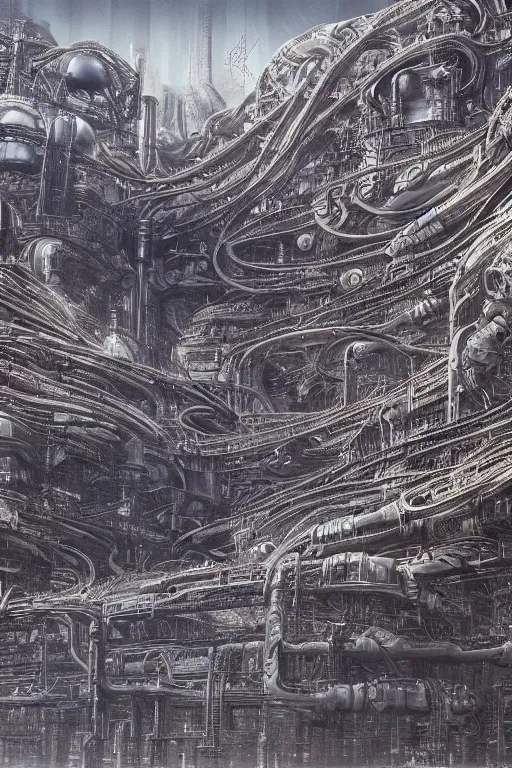 Image similar to industrial city in the desert dune concept art by yoshitaka amano and H.R. Giger, intricate detail, 8k, featured art