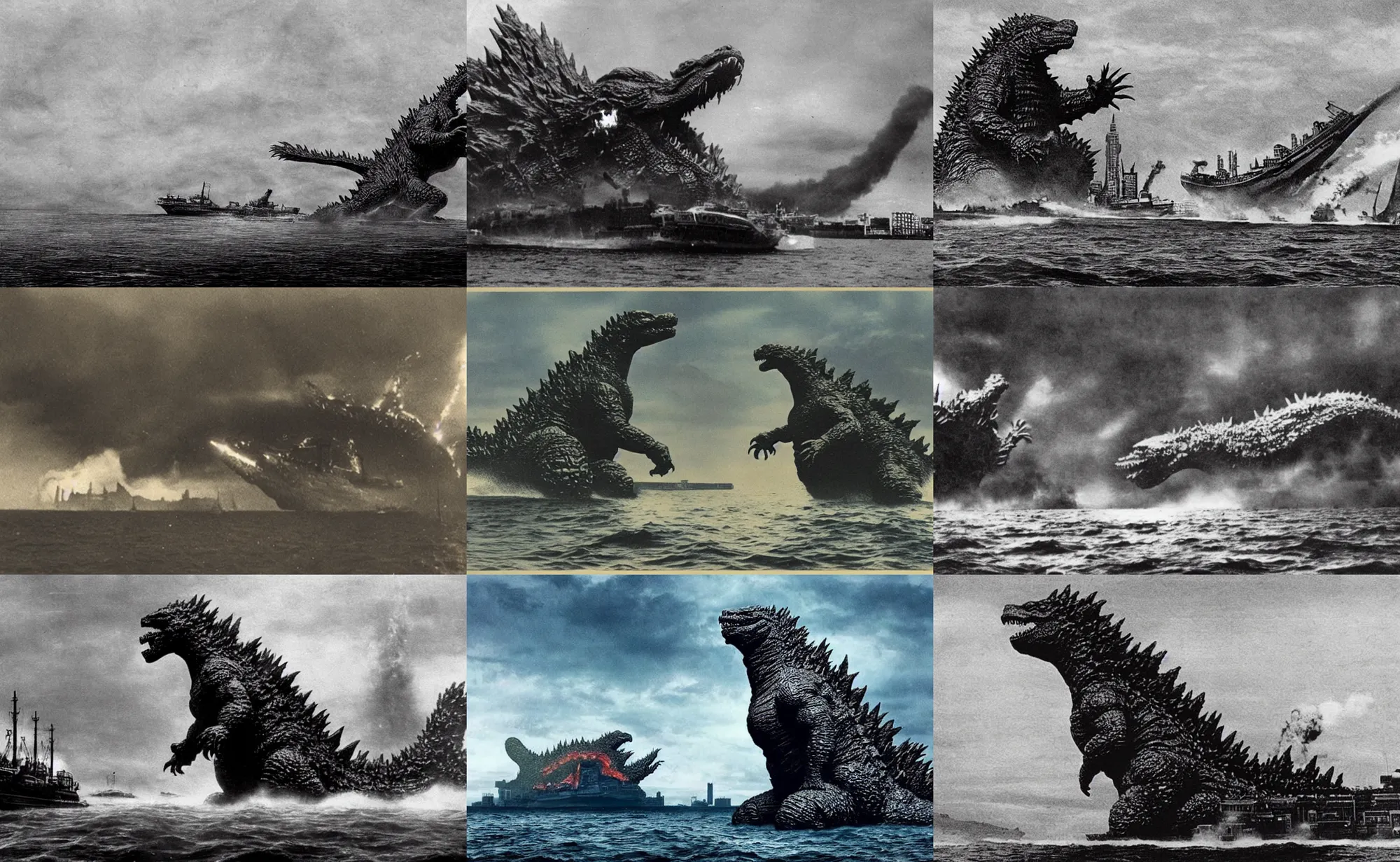 Prompt: Godzilla sitting on a couch putting a ship in its mouth