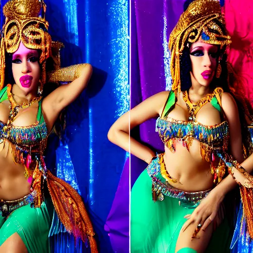 Prompt: cardi b as a belly dancer, full body, gypsy, sexy, beautiful, sultry, highly detailed, vivid colors, 8 k