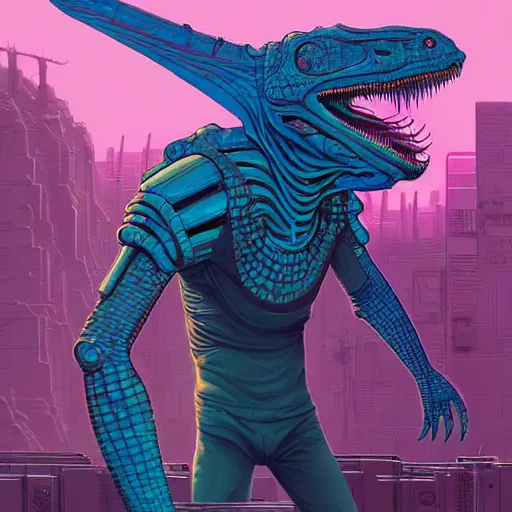Prompt: A cyberpunk reptile cyborg on the street of a cyberpunk city art by Josan Gonzalez, sci-fi, highly detailed, digital painting, artstation, smooth, sharp focus, illustration, concept art by Josan Gonzalez and James Gurney and Mœbius