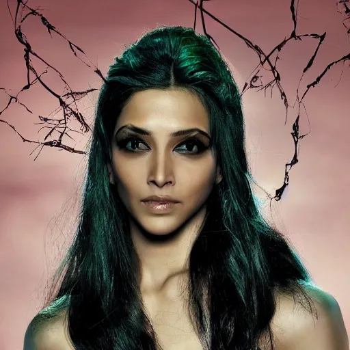 Image similar to A beautiful portrait of Deepika Padukone as Poison Ivy from Batman as a Versace fashion model Spring/Summer 2010, highly detailed, in the style of cinematic, Getty images, Milan fashion week backstage, Makeup by Pat McGrath, Hair by Guido Palau, Greg rutkowski