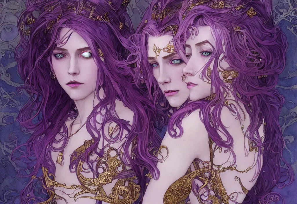 Image similar to vampire with purple hair in armor, highly detailed, very intricate, art nouveau, gold filigree, romantic storybook fantasy, soft cinematic lighting, award - winning, disney concept art watercolor illustration by mandy jurgens and alphonse mucha and alena aenami, pastel color palette, featured on artstation