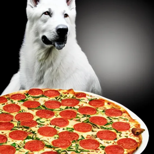 Image similar to detailed photo of a white shepherd statue made of pizza, various posed, full body, studio light, 8 k, photorealism, intricate detail, museum diffuse lighting