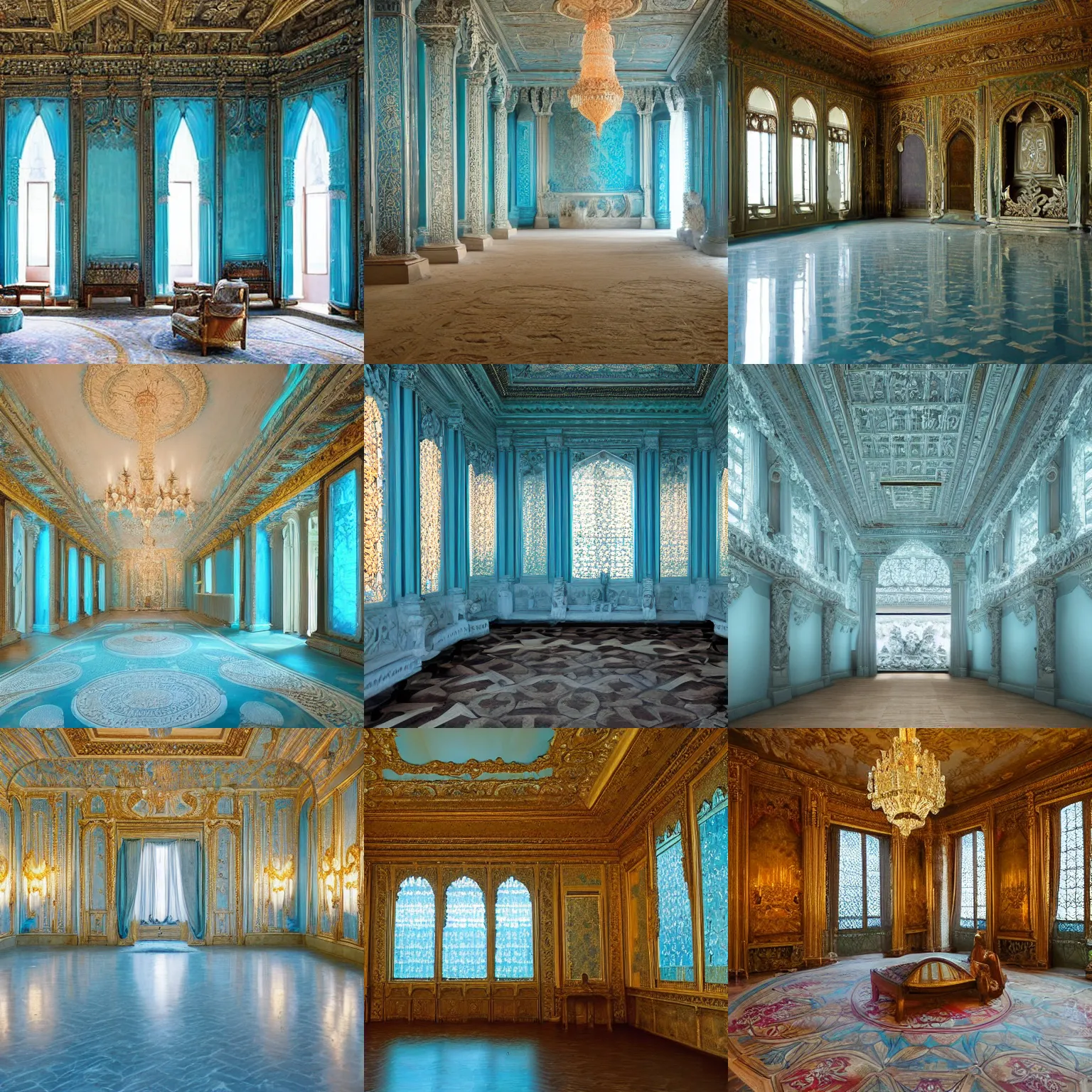 Prompt: large palace room intricately carved from aquamarine, windowless, dimly lit with sunlight filtering through the walls