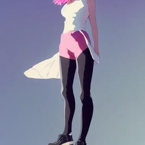 Prompt: a beautiful boyish natalie portman gravure model, cute girl with short pink hair, white loose plastic inflatable coat, mechanical arm, black tight pants, trending on pixiv fanbox, painted by greg rutkowski makoto shinkai takashi takeuchi studio ghibli, akihiko yoshida h 7 6 8