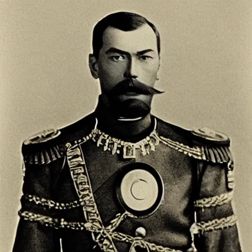 Prompt: tsar nicholas ii as iron man, historical photograph