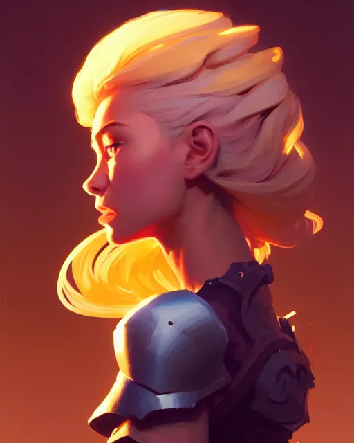 Prompt: side profile centered painted portrait, Imogen Poots as a paladin, blonde hair, Gloomhaven matte painting concept art, beautifully backlit, official fanart behance hd artstation by Jesper Ejsing, by RHADS and Makoto Shinkai and Lois van baarle and ilya kuvshinov and rossdraws