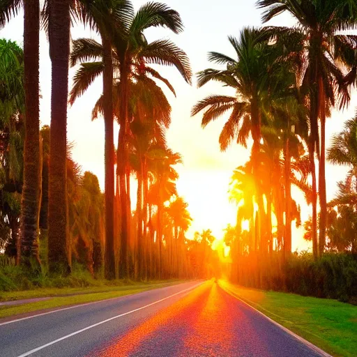 Image similar to A beautiful road with Palm trees on each side, sunset in the style of Monet