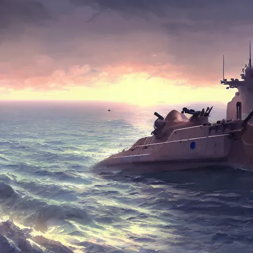 Image similar to landing crafts reaching the beaches of normandy amidst gunfire, highly detailed, digital painting, concept art, sharp focus, by makoto shinkai