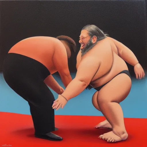 Image similar to oil painting of richard stallman sumo wrestling with bill gates, trending on artstation