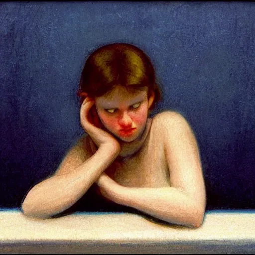 Image similar to close - up of an ivory young gir in a blue and red haunted liminal abandoned room, film still by edward hopper, by gottfried helnwein, by klimt, art noveau, highly detailed, strong lights, liminal, eerie, bright pastel colors,