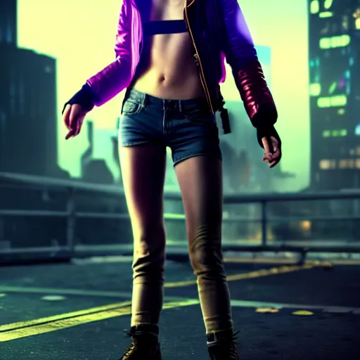 Prompt: a full body portrait of cyberpunk emma watson as a street kid, thug bunny, scum punk, working girl, in dark future city, cinematic lighting, hyper-realistic, unreal engine 5, 8k UHD, post process, cinematic, scantily clad, artstation, unreal engine 5 render, depth of field