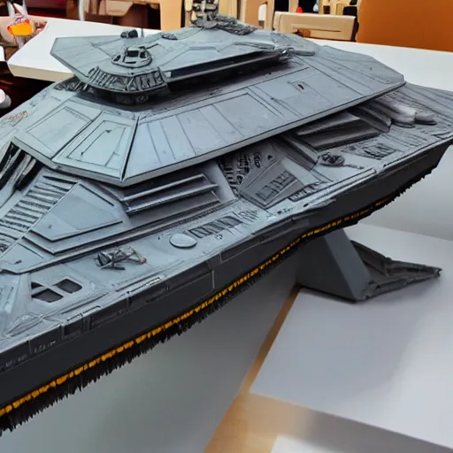 Image similar to a Star Wars imperial destroyer, huge, lot of details, greebles and nurnies and activity lights, symmetrical, realistic