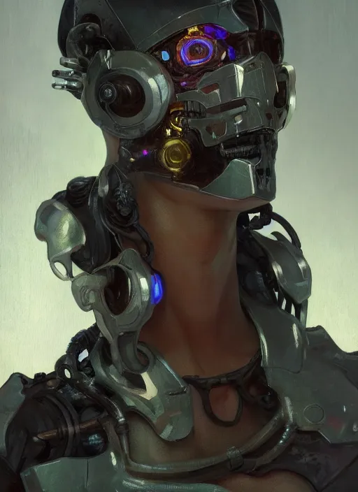 Prompt: a full body fantasy portrait oil painting illustration of a cyborg by justin sweet and greg rutkowski and alphonse mucha with face and body clearly visible, techwear, futuristic, cyberpunk, artstation trending, high quality, sombre mood, artstation trending, muted colours, no crop, entire character!,