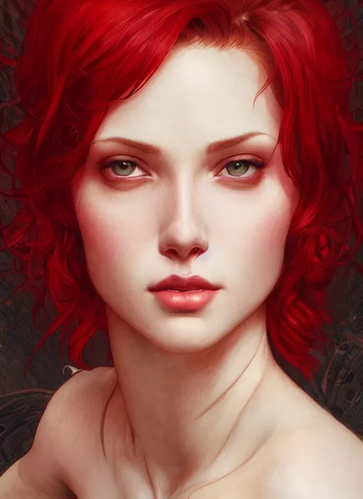 Image similar to Red short hair Portrait of woman, fantasy, intricate, elegant, highly detailed, digital painting, artstation, concept art, smooth, sharp focus, illustration, art by artgerm and greg rutkowski and alphonse mucha