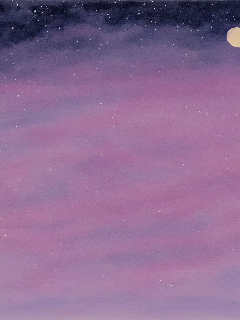 Prompt: painting of night sky. A crescent moon and many stars are in a dark cloud free layer of sky at the top half of the painting. Beneath this is a deep layer of pink and purple ombre puffy fluffy puffy clouds close to the horizon at the bottom half of the painting. Artstation. Deviantart.