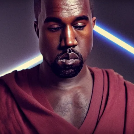 Image similar to Movie still of Kanye West as a jedi in Star Wars, splash art, cinematic lighting, dramatic, octane render, long lens, shallow depth of field, bokeh, anamorphic lens flare, 8k, hyper detailed, 35mm film grain