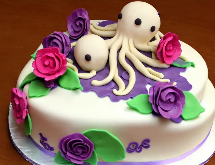 Prompt: octopus wedding cake with flowers