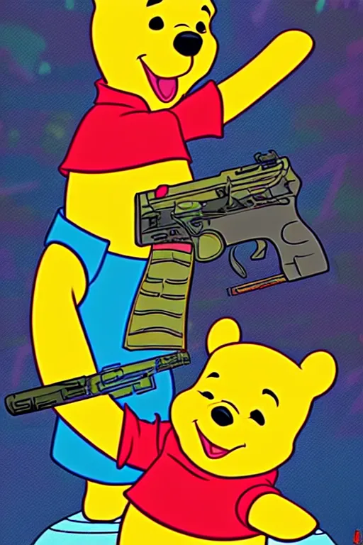 Prompt: Winnie the Pooh as cyberpunk killer with gun painted on Taro card, digital art, sharp, bright colors