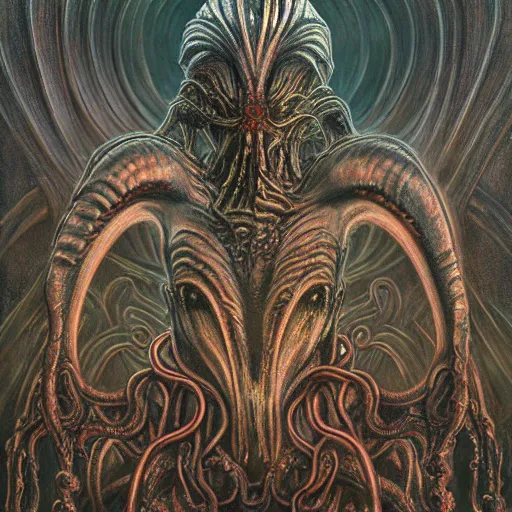 Image similar to monstrous and twisted cathedral with a statue to a many eyed, veiny and four armed cthulhu, slimy tentacles twisting in lotus position. in the style of hr giger and zdzisław beksinski and frank frazetta. golden hour, gloomy. biomechanical oil painting horror gothic hyperrealistic detail