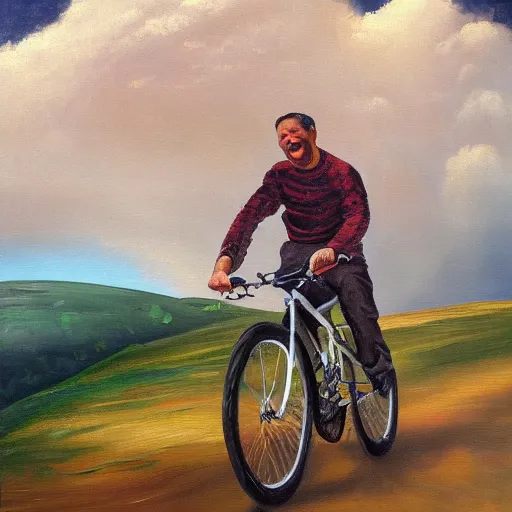 Prompt: A painting of a joyful man flying in the sky, riding a bicycle in the clouds, action shot, subject is smiling, expressive oil painting