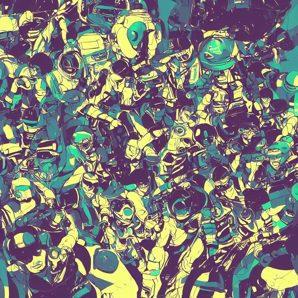 Image similar to people wearing helmets, ryuta ueda artwork, jet set radio artwork, stripes, gloom, space, cel - shaded art style, broken rainbow, data, minimal, speakers, code, cybernetic, dark, eerie, cyber