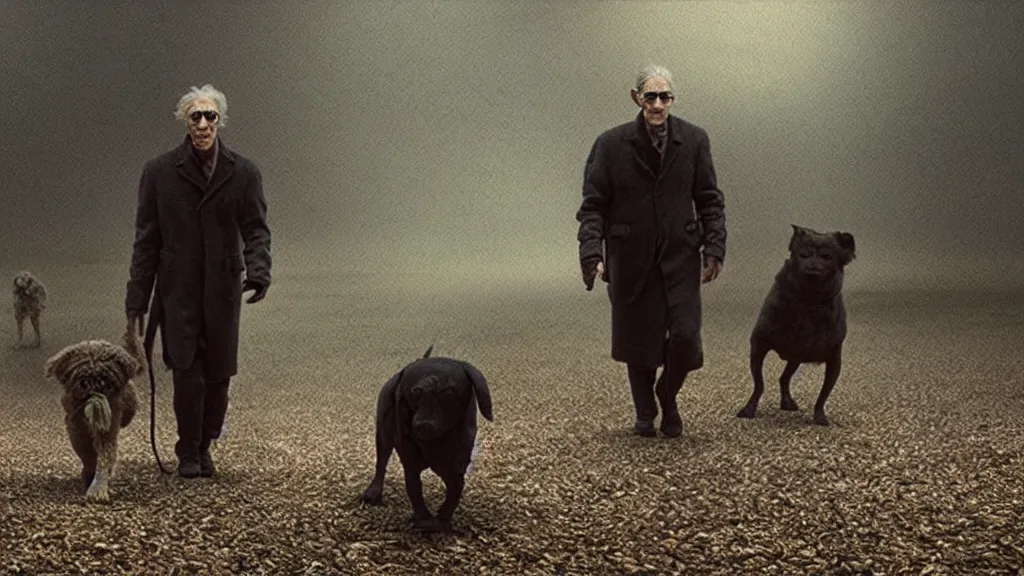 Image similar to the strange creature helps us walk the dog, film still from the movie directed by denis villeneuve and david cronenberg with art direction by salvador dali and zdzisław beksinski