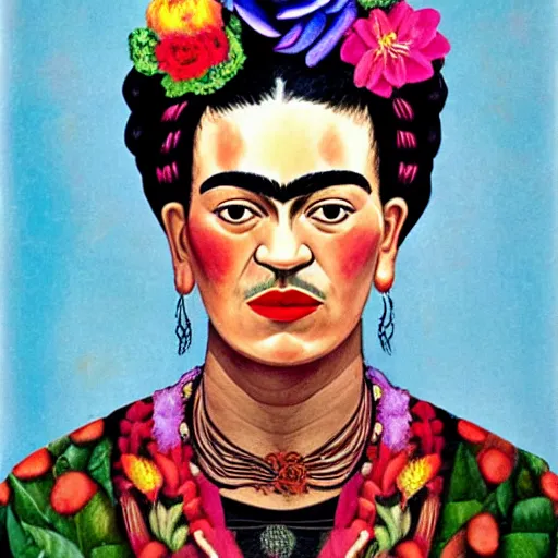 Image similar to a portrait of frida kahlo, with colorful flowers in her hair