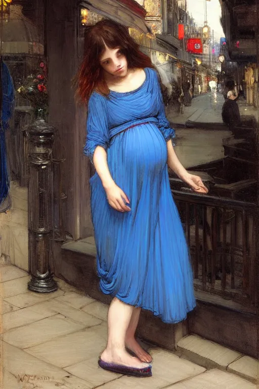 Prompt: pregnant woman in a small blue dress on night street, highly detailed, sharp focused, ultra realistic digital concept art by John William Waterhouse