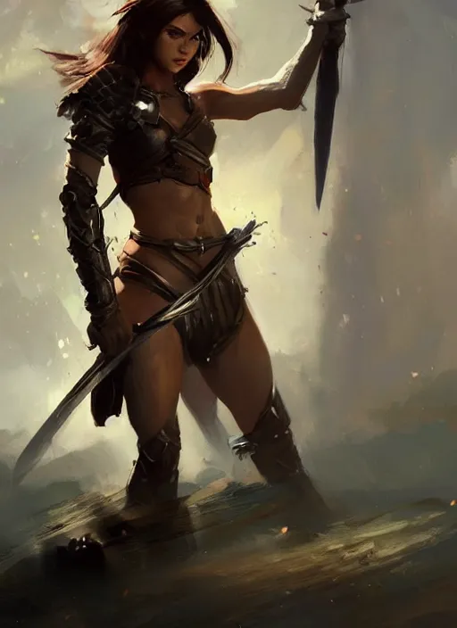 Image similar to hyper realistic warrior girl with sword in her hand, full body, rule of thirds, human proportion, good anatomy, beautiful face, conceptart, saturated colors, cinematic, vallejo, frazetta, greg rutkowski, trending on artstation