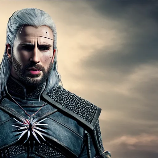 Image similar to Chris Evans as the Witcher, photo real, 4k, epic, high detail, cinematic