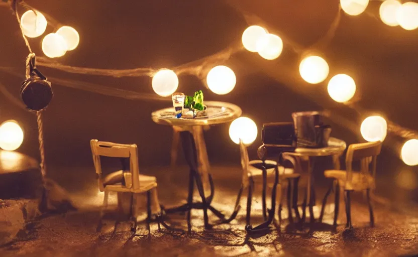 Image similar to mini cafe diorama macro photography, cafe for tiny animals, ambient, atmospheric photograph, string lights, romantic