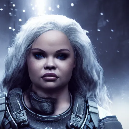 Image similar to Portrait of trisha paytas in Gears of War, splash art, movie still, cinematic lighting, dramatic, octane render, long lens, shallow depth of field, bokeh, anamorphic lens flare, 8k, hyper detailed, 35mm film grain