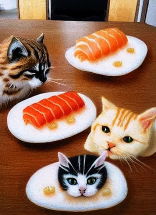 Image similar to clear photorealistic picture of adorable cats made out of sushi