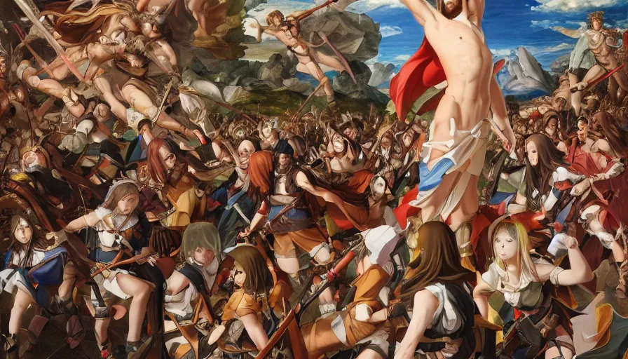 Image similar to jesus christ our lord leading an army of anime girls into battle, photorealistic, anime, mini skirt, long hair, renaissance painting, hyper real, detailed, wide angle shot, ultra detailed